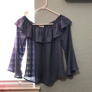 blue over the shoulder top with ruffles